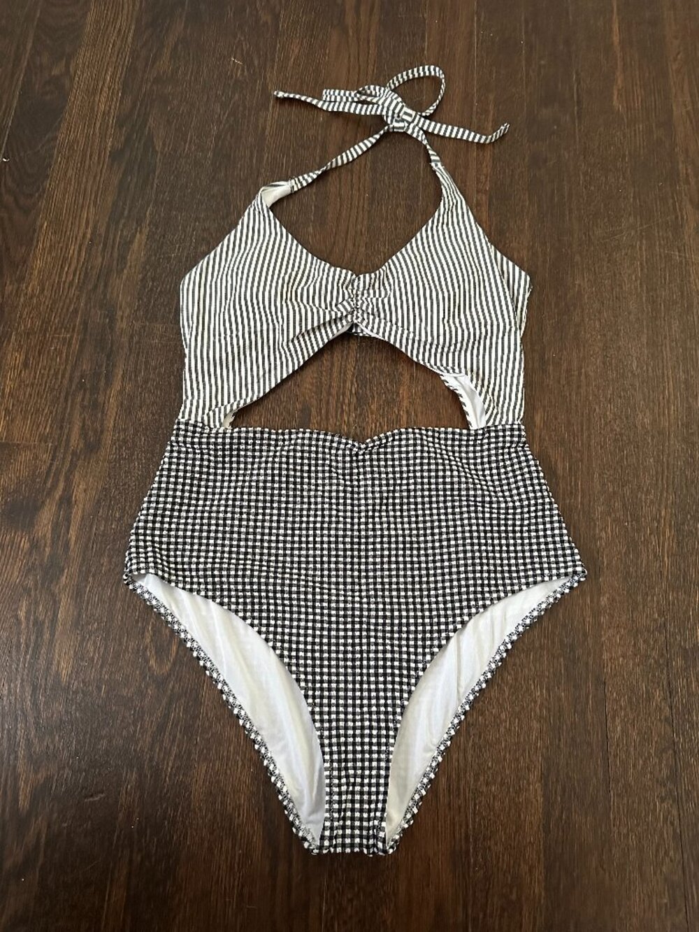 Aerie Cutout One-Piece Swimsuit Striped & Gingham Halter Large Long
